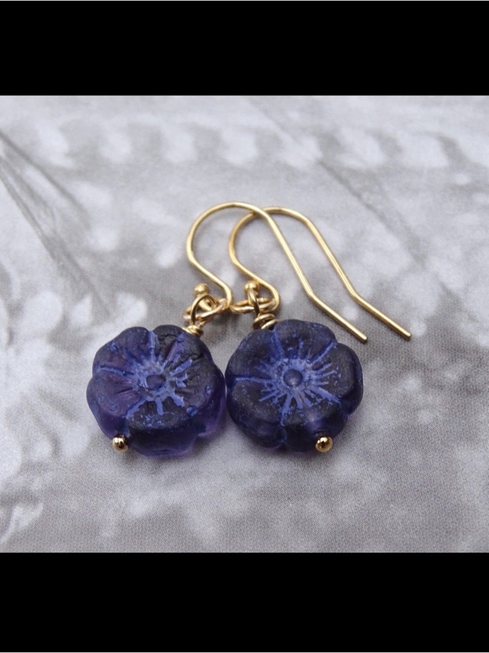 Dark Indigo Blue Glass Flower Earrings w/ 14k Gold Filled Ear Wire *New in Box*